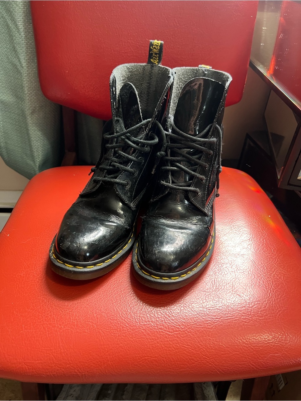 Dr. Martens Black Lace-Up Combat Boots with Yellow Stitching
